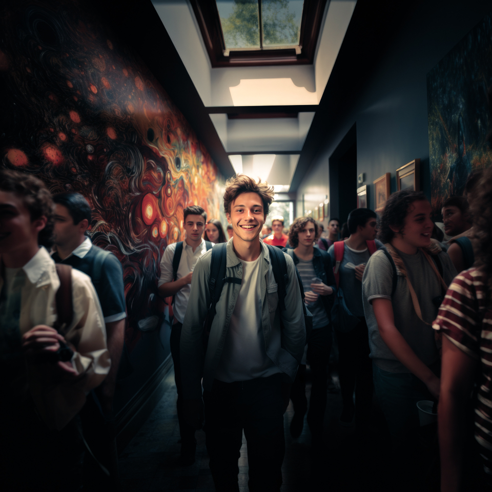 Ragazzo in un corridoio scolastico che guarda in camera mentre tutti gli altri studenti si muovono verso le varie classi.